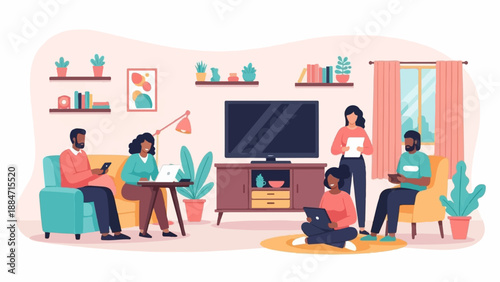 Diverse people working and relaxing in a modern living room