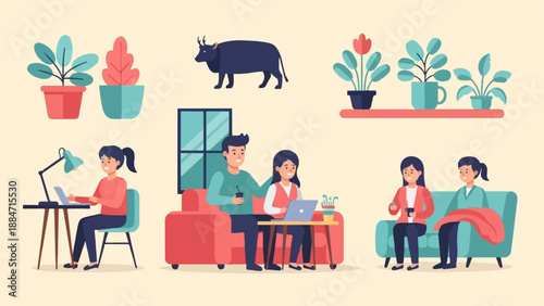 Diverse people working and relaxing at home with plants and a cow