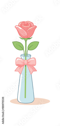 Flat vector illustration of single rose slim vase silhouette with ribbon bow as simple shapes style clean 2D shapes no outlines minimal details layered depth simplified silhouettes calm