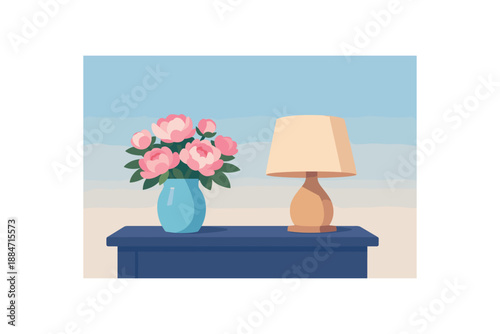 Flat vector illustration of vase of peonies on bedside table silhouette with lamp shape style clean 2D shapes no outlines minimal details layered depth simplified silhouettes calm mood Wide