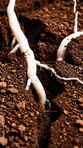Growth Of Plant Roots In Dark Rich Soil Detailed Macro View Of Subterranean Life