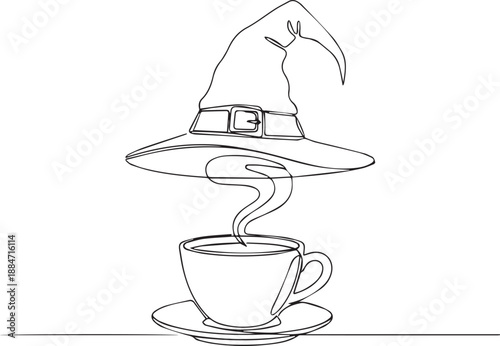 A continuous line drawing of a witch s hat and coffee cup