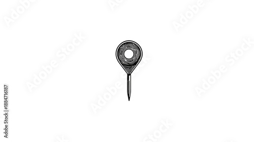 Black and white location marker graphic. Depicts a pin with a layered design on white