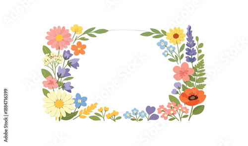 Flat vector illustration of pressed flowers arranged frame silhouette with style clean 2D shapes no outlines minimal details layered depth simplified silhouettes calm mood Wide composition