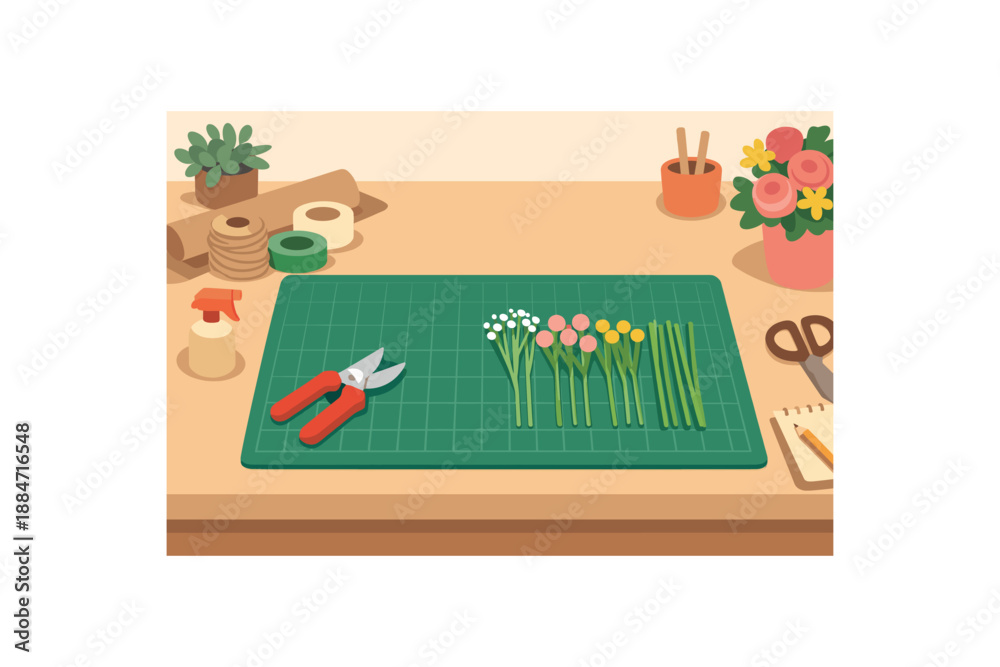 Fototapeta premium Flat vector illustration of florist workstation with cutting mat silhouette pruning shears and aligned stems style clean 2D shapes no outlines minimal details layered depth simplified