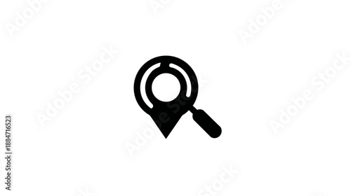 A black and white graphic icon combining a location pin and a magnifying glass