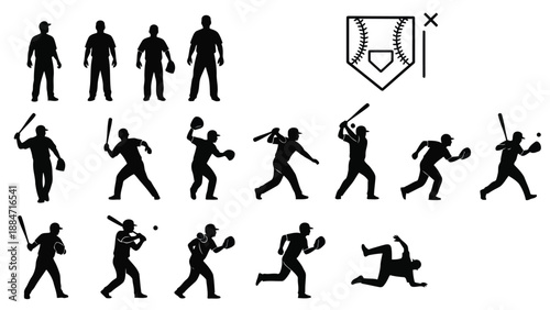 Vector Illustration Baseball Players Silhouettes Various Poses and Actions