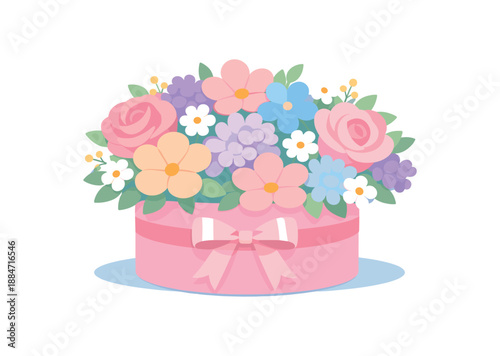 Flat vector illustration of bouquet of mixed pastel flowers hat box silhouette with ribbon style clean 2D shapes no outlines minimal details layered depth simplified silhouettes calm mood