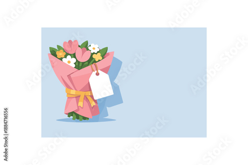 Flat vector illustration of bouquet label tag silhouette without text attached to wrapped bouquet style clean 2D shapes no outlines minimal details layered depth simplified silhouettes calm