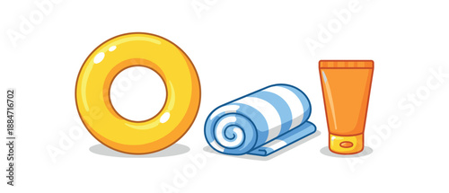 Flat vector illustration of lakeside day kit with inflatable ring silhouette towel roll and sunscreen tube without label isolated on pure white slightly style high quality no texture no