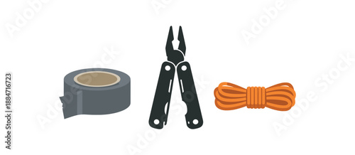 Flat vector illustration of minimalist outdoor repair kit with duct tape roll multi tool silhouette and cord bundle isolated on pure white slightly style high quality no texture no grain