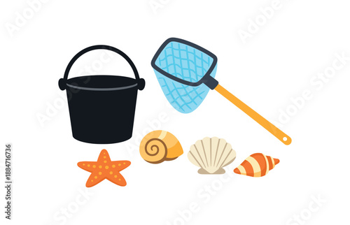 Flat vector illustration of coastal tidepool kit with small bucket silhouette net and shells isolated on pure white slightly style high quality no texture no grain