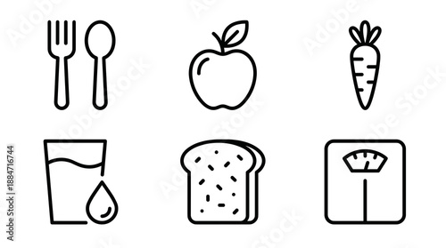 A collection of minimalist line icons representing healthy eating habits nutrition diet planning weight loss fitness and wellness featuring fruit vegetables water and cutlery