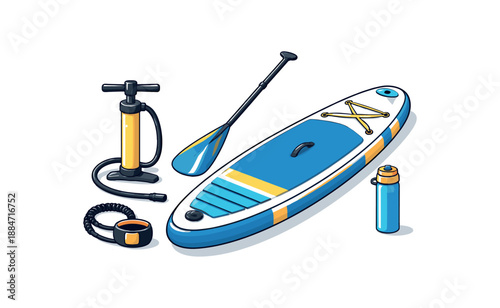 Flat vector illustration of paddleboarding kit with pump silhouette leash and water bottle isolated on pure white slightly style high quality no texture no grain