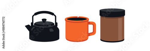 Flat vector illustration of campsite coffee kit with small kettle silhouette mug and coffee container without label isolated on pure white slightly style high quality no texture no grain