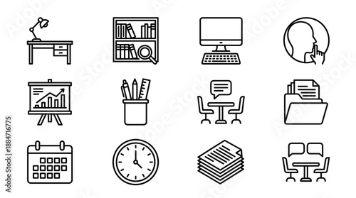 A collection of twelve thin line icons representing office equipment business meetings time management and study tools for professional workspace organization and corporate workflow