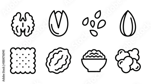 A collection of minimalist line icons featuring healthy snacks like nuts seeds dried fruit popcorn and crackers suitable for food packaging and menu design projects