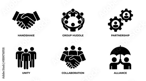 A collection of black vector icons representing teamwork cooperation and professional relationships including handshake partnership gears group huddle unity and alliance concepts for business design