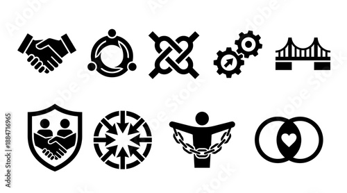 A collection of black and white symbols for business collaboration including handshake gears bridge shield and breaking chains to represent trust freedom and synergy concepts