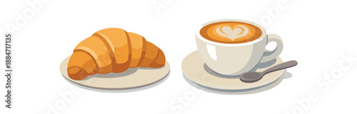 Flat vector illustration of café pastry and coffee combo with croissant and cappuccino cup isolated on pure white slightly style clean 2D shapes no outlines minimal details layered depth