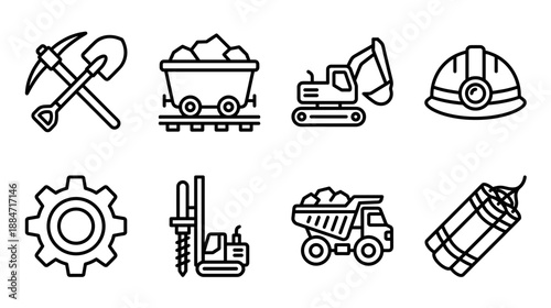 Collection of black outline icons representing coal mining and heavy industry including extraction tools machinery safety equipment and transportation vehicles for underground and surface operations