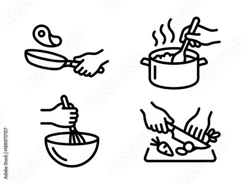 A collection of black line art icons depicting various culinary activities including frying in a skillet stirring hot soup whisking ingredients and slicing fresh vegetables