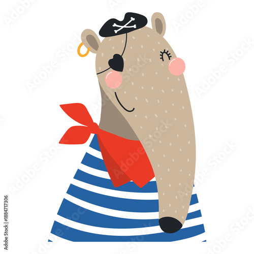 Cute little anteater pirate isolated on transparent. Kawaii cartoon character. Hand drawn flat vector illustration. Kids nautical design element, clip art, fashion print, poster, wall art