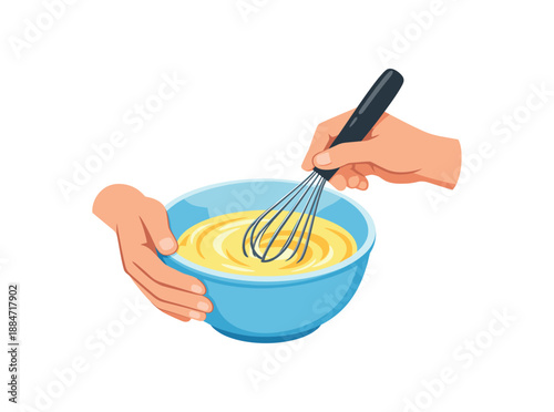 Flat vector illustration of someone whisking batter mixing bowl hands only isolated on pure white slightly style high quality no texture no grain