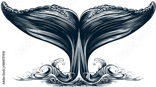 Graphic black and white whale tail illustration. Waves at the bottom, detailed shading