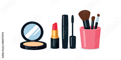 Flat vector illustration of makeup essentials set with compact mirror lipstick mascara and brush cup no logos isolated on pure white slightly style high quality no texture no grain