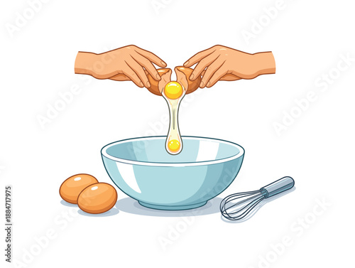 Flat vector illustration of someone cracking an egg into bowl hands only isolated on pure white slightly style high quality no texture no grain