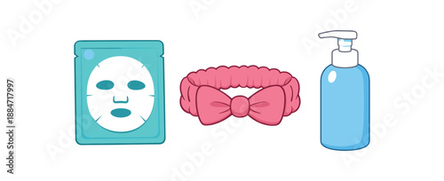 Flat vector illustration of face mask routine set with sheet mask packet shape without text headband and cleanser bottle isolated on pure white slightly style high quality no texture no