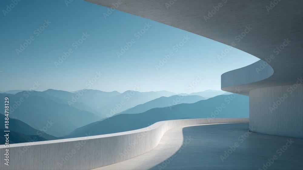 Obraz premium Modern Architecture Overlooking Blue Mountain Range: Serene Minimalist Design and Tranquil Scenic Landscape