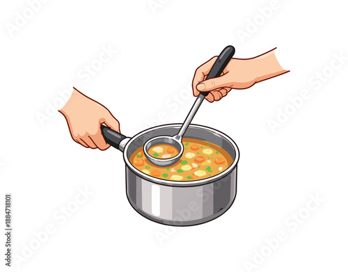 Flat vector illustration of someone stirring soup saucepan with ladle hands only isolated on pure white slightly style high quality no texture no grain