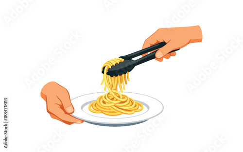 Flat vector illustration of someone plating pasta with tongs onto plate hands only isolated on pure white slightly style high quality no texture no grain