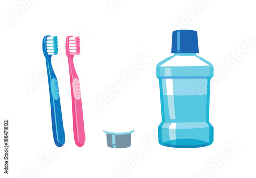 Flat vector illustration of an oral care set with toothbrushes toothpaste tube without label and mouthwash bottle isolated on pure white slightly style high quality no texture no grain