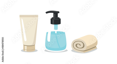 Flat vector illustration of hand care set with hand cream tube without label pump soap and small towel roll isolated on pure white slightly style high quality no texture no grain