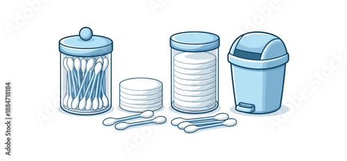 Flat vector illustration of cotton pads and swabs set with dispenser jar and small trash bin silhouette isolated on pure white slightly style high quality no texture no grain