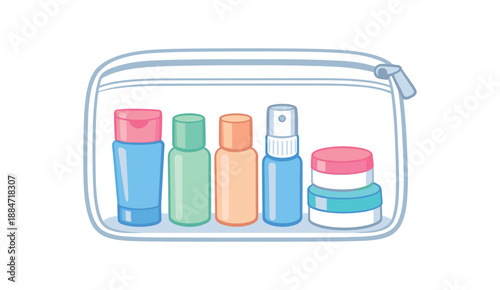 Flat vector illustration of skincare travel set with tiny bottles and jars clear pouch silhouette isolated on pure white slightly style high quality no texture no grain