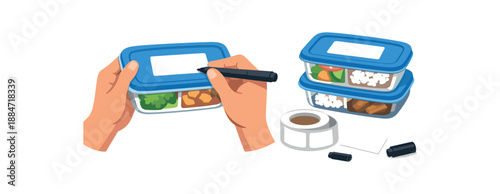 Flat vector illustration of someone labeling meal prep containers with blank labels hands only isolated on pure white slightly style high quality no texture no grain