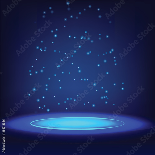 Abstract blue neo light circle effect |Futuristic Blue Glowing Podium Stage with Floating Light Particles Background