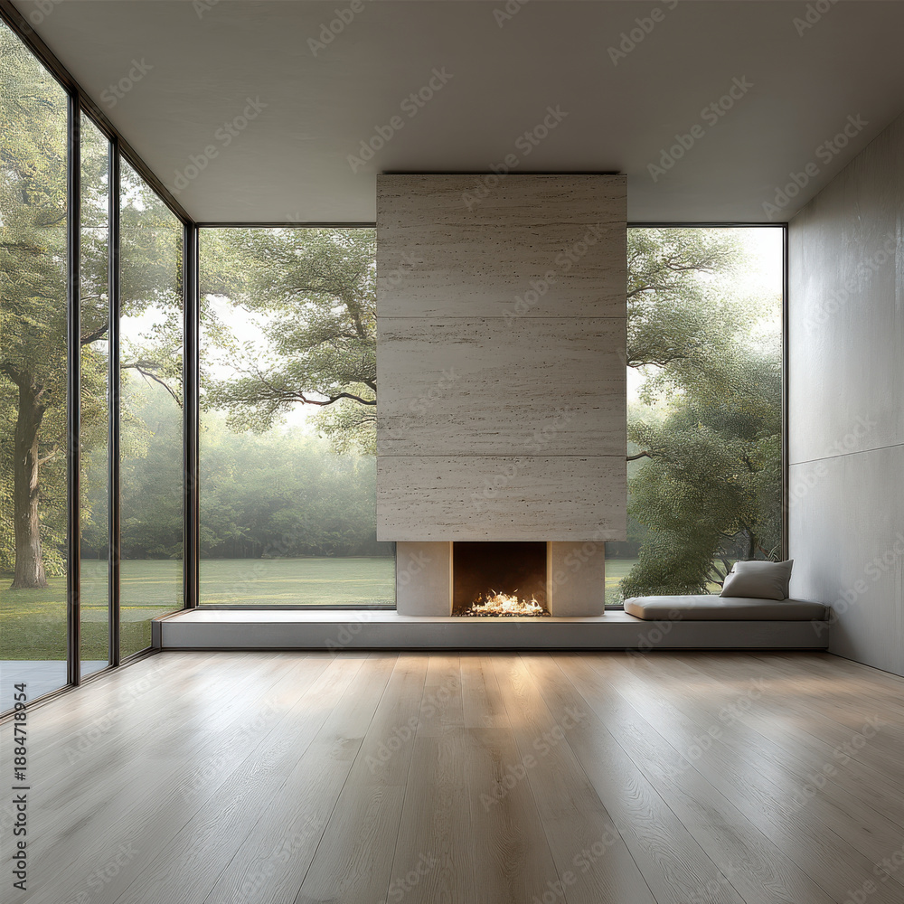 Naklejka premium Modern living room with large glass windows, minimalist fireplace, wooden floor, and serene forest view, peaceful and bright atmosphere