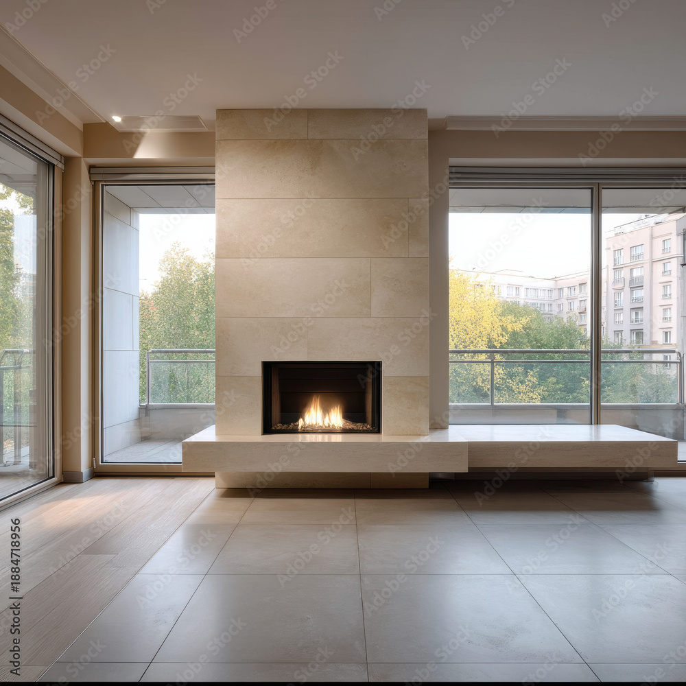 Fototapeta premium Modern living room with large windows, beige tile floor, stone fireplace, and city view creates calm, spacious atmosphere