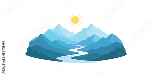 Flat vector illustration of layered mountain silhouettes with simple sun and winding river isolated on pure white slightly style high quality no texture no grain