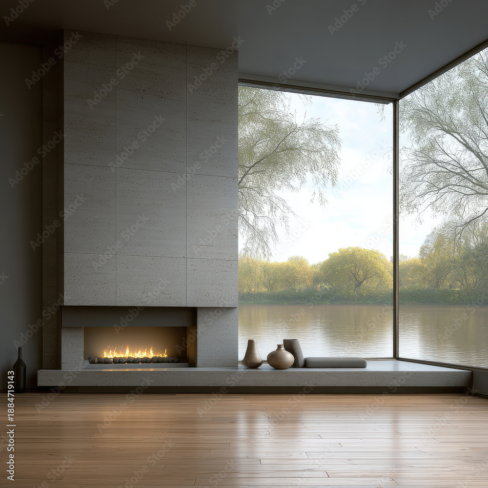 Naklejka premium Modern living room with minimalist fireplace, large glass window, wooden floor, and serene river view creates peaceful and cozy atmosphere