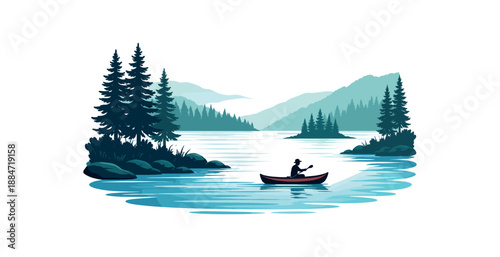 Flat vector illustration of lake with layered shore silhouettes and small canoe isolated on pure white slightly style high quality no texture no grain