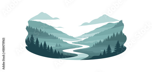 Flat vector illustration of misty valley silhouette with distant mountains and winding road isolated on pure white slightly style high quality no texture no grain