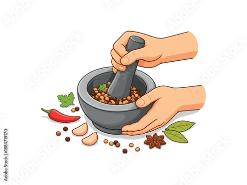 Flat vector illustration of hands grinding spices mortar and pestle isolated on pure white slightly style high quality no texture no grain