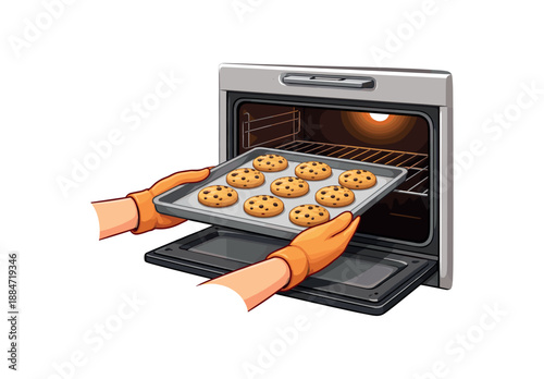 Flat vector illustration of hands placing cookie sheet into an oven opening isolated on pure white slightly style high quality no texture no grain