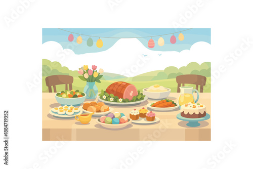 Flat vector background illustration of peaceful spring holiday family dinner table with chair silhouettes and serving dishes style clean 2D shapes no outlines minimal details matte colors